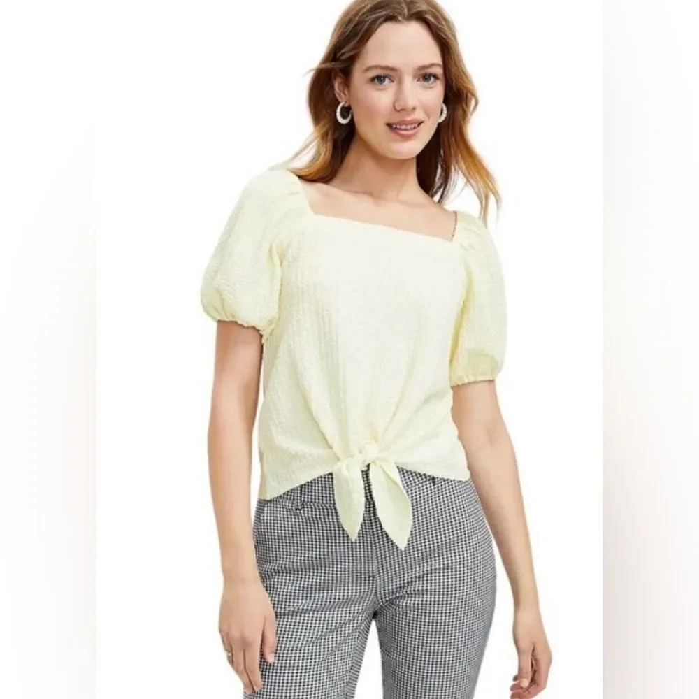 LOFT Women’s Square Neck Tie Front Soft Butter Yellow Blouse Puff Sleeve Top XL